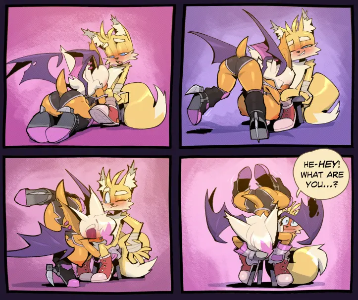 Image big_breasts,breasts,female,blue_eyes,male,duo,tan_skin,hair,male/female,anthro,tan_body,blonde_hair,comic,canid,canine,fur,mammal,yellow_body,yellow_fur,sega,sonic_(series),sonic_the_hedgehog_(series),fox,older_female,older_female_and_younger_male,younger_male,anthro_on_anthro,age_difference,bat,rouge_the_bat,short_shorts,miles_prower,tails,tails_the_fox,bigdad