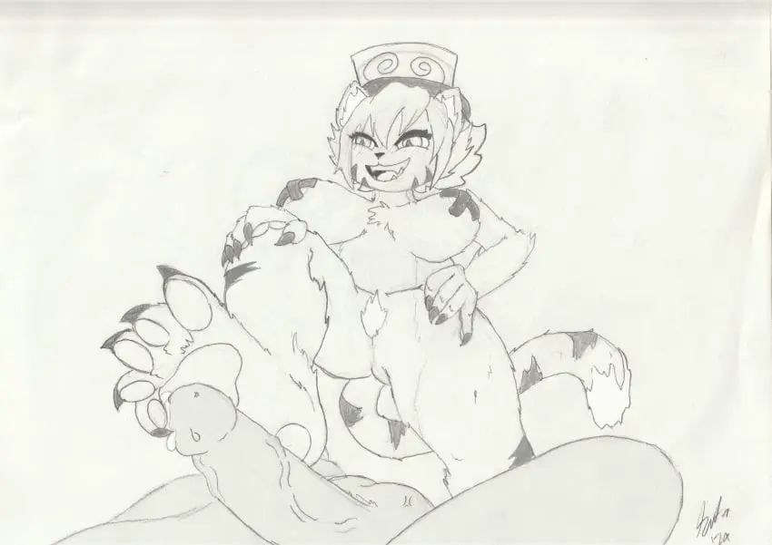 Image blush,breasts,female,hi_res,human,simple_background,smile,male,nude,penis,tail,erection,feet,anthro,foot_fetish,absurd_res,genitals,mammal,footjob,felid,foot_focus,pantherine,tiger,foot_play,in_heat_(game),monsterbox,sammy_(in_heat),spider26