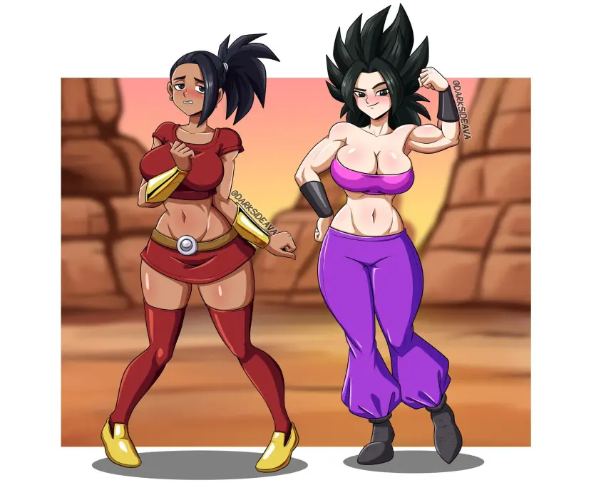 Image big_breasts,breasts,female,female_only,large_breasts,2girls,black_hair,multiple_girls,dark_skin,muscular,legs,dragon_ball,mature_female,dark-skinned_female,miniskirt,skirt,full_body,muscular_female,dragon_ball_super,muscles,long_legs,muscular_legs,caulifla,kale,red_skirt,avalewds,darksideava
