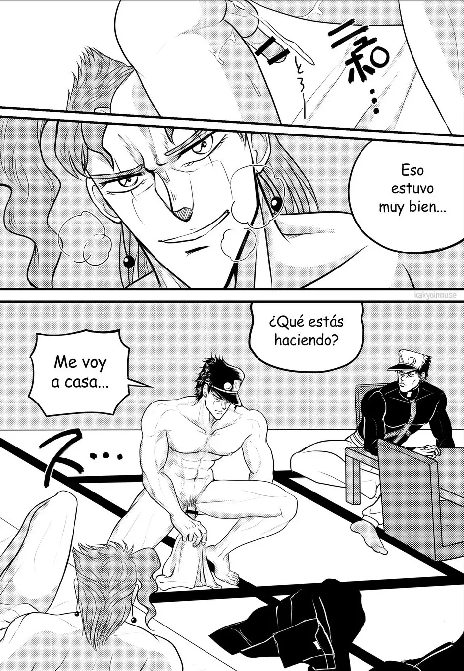 Image male,nude,male_only,yaoi,nude_male,gay,comic,multiple_boys,spanish_text,jojo's_bizarre_adventure,stardust_crusaders,clothes_on_floor,jotaro_kujo,noriaki_kakyoin,kakyoinmuse