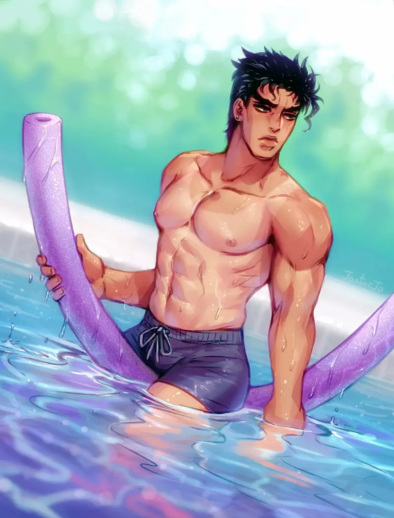 Image solo,1boy,black_hair,male,sweat,muscular,muscular_male,male_only,outdoors,jojo's_bizarre_adventure,shirtless,stardust_crusaders,shirtless_male,joestar_birthmark,jotaro_kujo,kora-jo