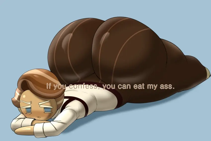 Image looking_at_viewer,solo,1boy,blue_eyes,male,ass,big_ass,big_butt,huge_ass,huge_butt,femboy,male_only,fat_ass,text,thick_ass,thick_butt,brown_hair,ass_focus,laying_down,butt,talking_to_viewer,cookie_run,fat_butt,almond_cookie,babyhunt4,da_ra_ra_ra,bribe