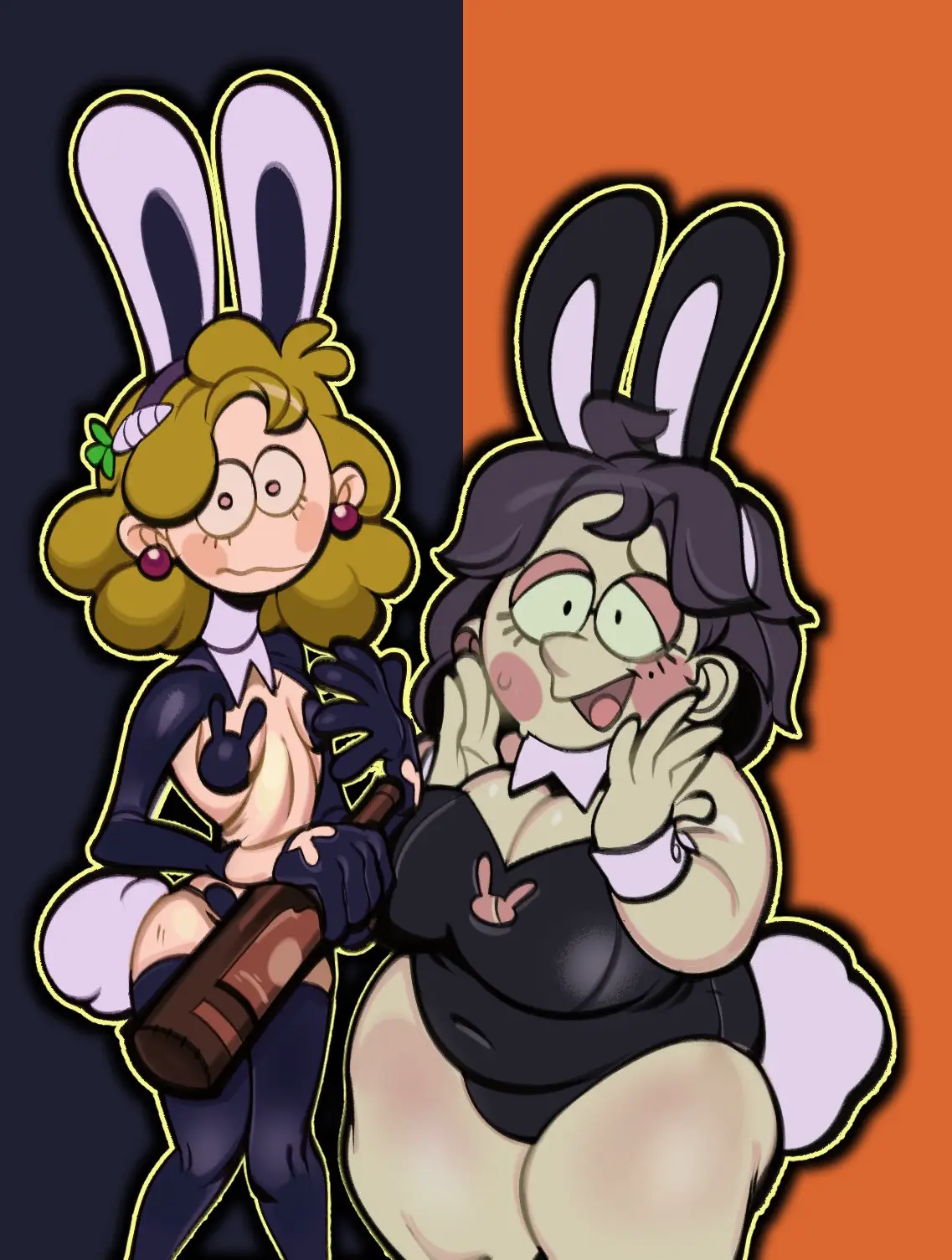 Image big_breasts,breasts,female,human,2girls,sweat,thighhighs,2021,earrings,thighs,milf,glasses,original,bunny_ears,mature_female,bunny_tail,bunnysuit,mature,chubby_female,nervous,reverse_bunnysuit,bunny_costume,slim_female,bunny_ears_headband,mangneto,pearl_(mangneto),wine_mom_(mangneto)