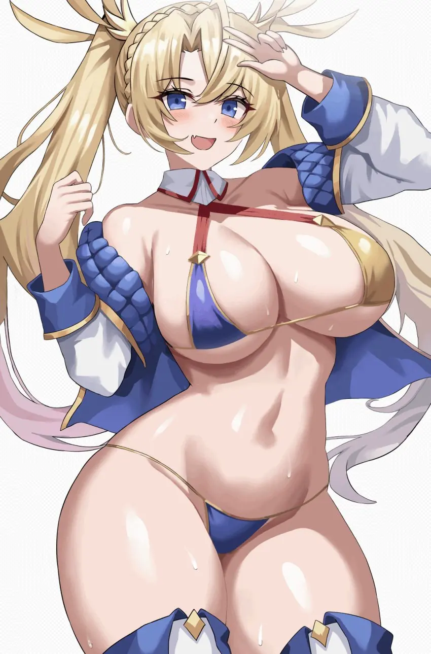 Image 1girls,breasts,female,hi_res,light-skinned_female,light_skin,long_hair,simple_background,smile,blue_eyes,bikini,thick_thighs,wide_hips,huge_breasts,2d,blonde_hair,twintails,bouncing_breasts,fate_(series),naughty_face,fate/grand_order,jasony,bradamante_(fate)