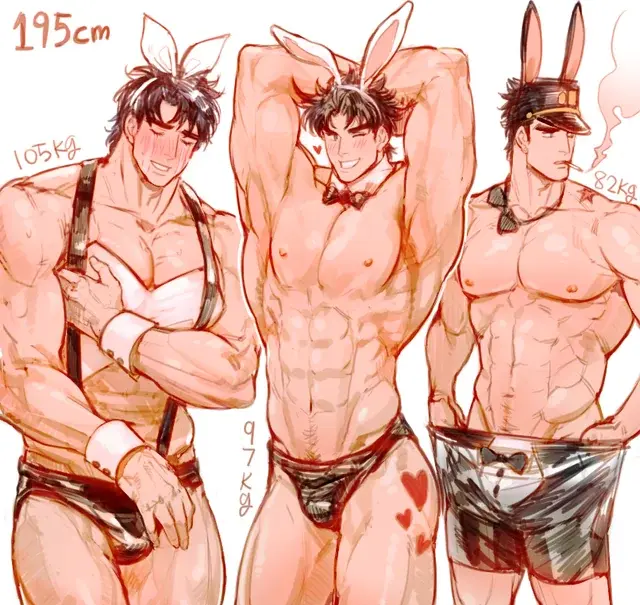 Image male,muscular,muscular_male,male_only,bunnysuit,3boys,jojo's_bizarre_adventure,bunny_boy,stardust_crusaders,battle_tendency,joseph_joestar,jonathan_joestar,phantom_blood,jotaro_kujo