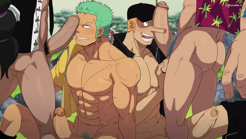 Image blush,nipples,male,nude,penis,ass,big_penis,erection,one_piece,muscular,muscular_male,male/male,male_only,yaoi,balls,gay,pubic_hair,bara,male_nipples,green_hair,big_balls,male_pubic_hair,scar,roronoa_zoro,franky,competition,kaku_(one_piece),burankoprn,blowjob_competition