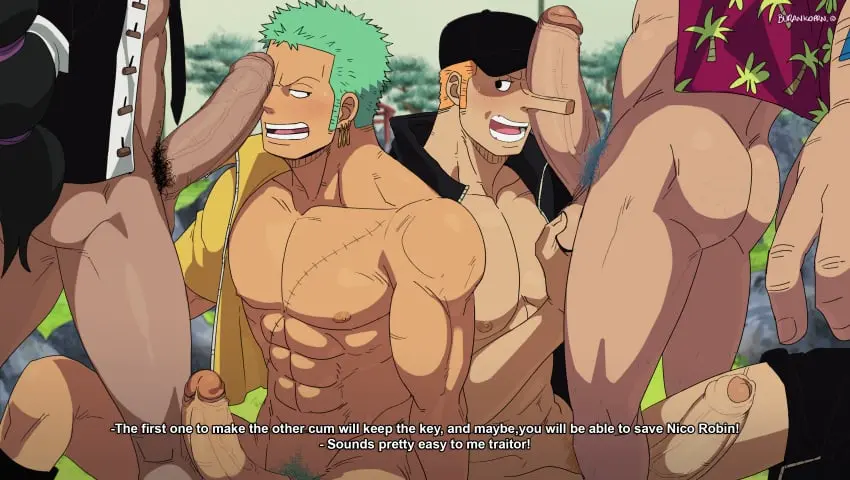 Image blush,nipples,male,nude,penis,ass,big_penis,erection,one_piece,muscular,muscular_male,male/male,male_only,yaoi,balls,text,gay,pubic_hair,bara,male_nipples,green_hair,big_balls,male_pubic_hair,english_text,scar,roronoa_zoro,franky,competition,kaku_(one_piece),burankoprn,blowjob_competition