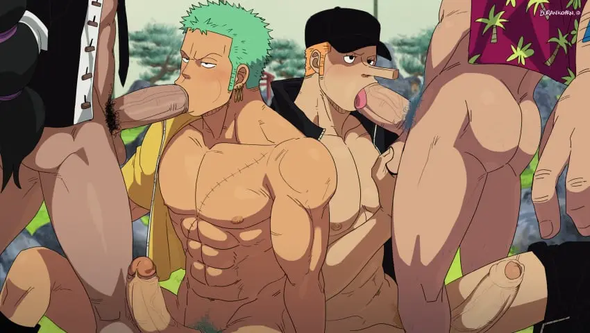 Image blush,nipples,male,nude,oral,penis,ass,big_penis,erection,fellatio,one_piece,muscular,muscular_male,male/male,male_only,yaoi,balls,gay,pubic_hair,blowjob,bara,male_nipples,green_hair,big_balls,male_pubic_hair,oral_sex,scar,4boys,gay_blowjob,roronoa_zoro,franky,competition,kaku_(one_piece),burankoprn,blowjob_competition