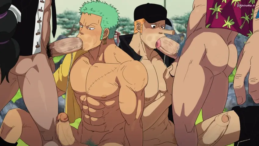 Image blush,nipples,male,nude,oral,penis,ass,big_penis,erection,fellatio,one_piece,muscular,muscular_male,male/male,male_only,yaoi,balls,gay,pubic_hair,blowjob,bara,male_nipples,green_hair,big_balls,male_pubic_hair,oral_sex,scar,4boys,gay_blowjob,roronoa_zoro,franky,competition,kaku_(one_piece),burankoprn,blowjob_competition
