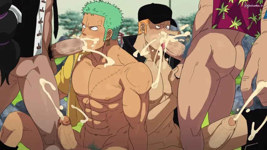Image blush,nipples,cum,cum_in_mouth,male,nude,oral,penis,ass,big_penis,erection,fellatio,one_piece,muscular,muscular_male,male/male,male_only,yaoi,balls,gay,pubic_hair,blowjob,bara,male_nipples,green_hair,big_balls,male_pubic_hair,orgasm,oral_sex,scar,4boys,gay_blowjob,roronoa_zoro,franky,competition,kaku_(one_piece),burankoprn,blowjob_competition