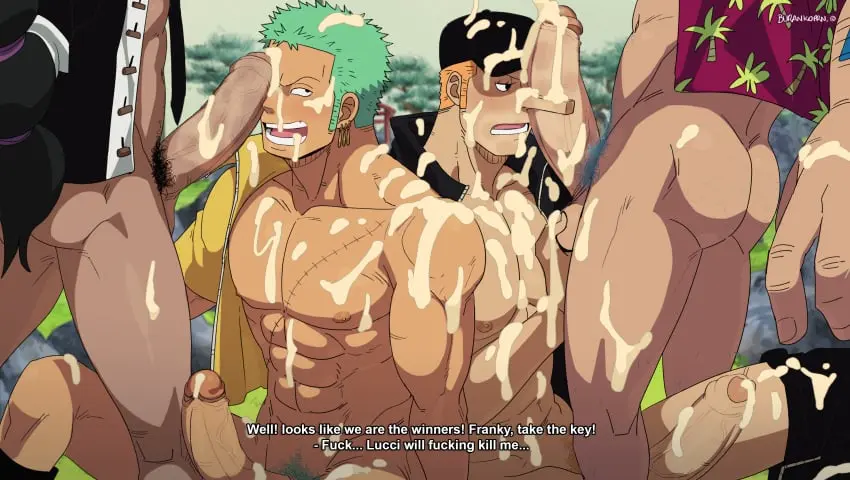 Image blush,nipples,cum,male,nude,penis,ass,big_penis,erection,one_piece,muscular,muscular_male,male/male,male_only,yaoi,balls,text,facial,gay,pubic_hair,bara,male_nipples,green_hair,big_balls,male_pubic_hair,english_text,scar,roronoa_zoro,franky,competition,kaku_(one_piece),burankoprn,blowjob_competition