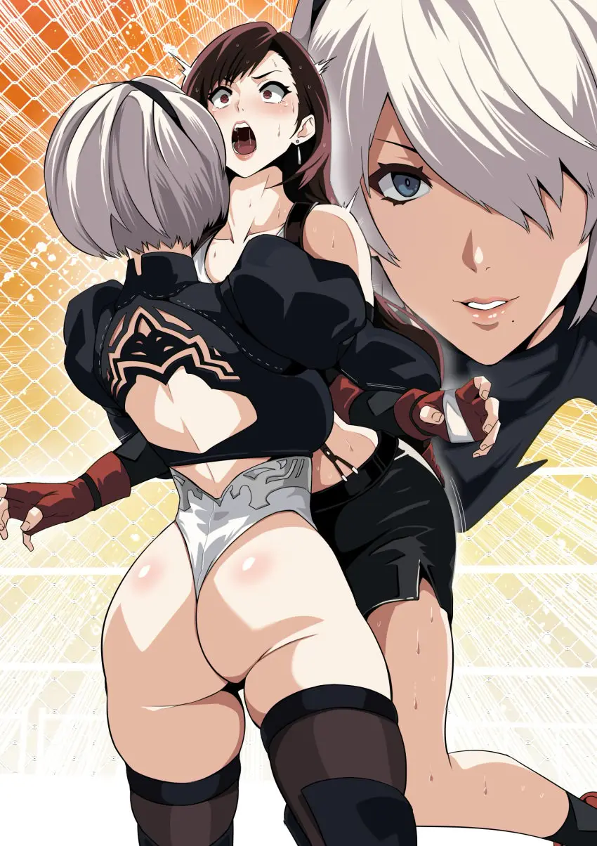 Image female,female_only,hi_res,long_hair,open_mouth,red_eyes,shiny_skin,suspenders,very_long_hair,white_hair,2girls,blue_eyes,elbow_gloves,gloves,short_hair,sweat,thighhighs,ass,big_ass,earrings,huge_ass,hair_over_one_eye,headband,shiny,2d,shocked,brown_hair,skirt,final_fantasy,final_fantasy_vii,tifa_lockhart,:o,multiple_views,meaty_ass,fingerless_gloves,leotard,tank_top,crossover,paid_reward_available,lifting,square_enix,catfight,commentary,fight,hug,wrestling,lifted_by_another,nier:_automata,yorha_2b,backless_outfit,adapted_costume,pencil_skirt,platinum_games,bearhug,bear_hug,kineluchs