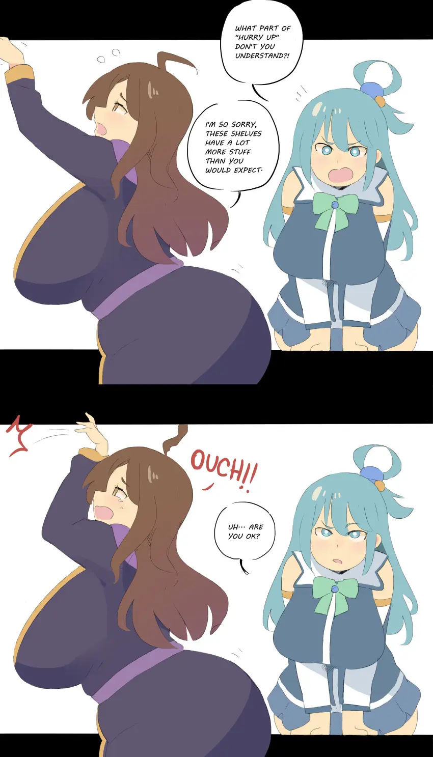 Image breasts,brown_eyes,female,female_only,long_hair,2girls,blue_eyes,blue_hair,ass,female_focus,huge_ass,huge_breasts,2d,text,absurd_res,brown_hair,comic,dialogue,english_text,2024,matching_hair/eyes,speech_bubble,english,kono_subarashii_sekai_ni_shukufuku_wo!,aqua_(konosuba),wiz_(konosuba),napolitane