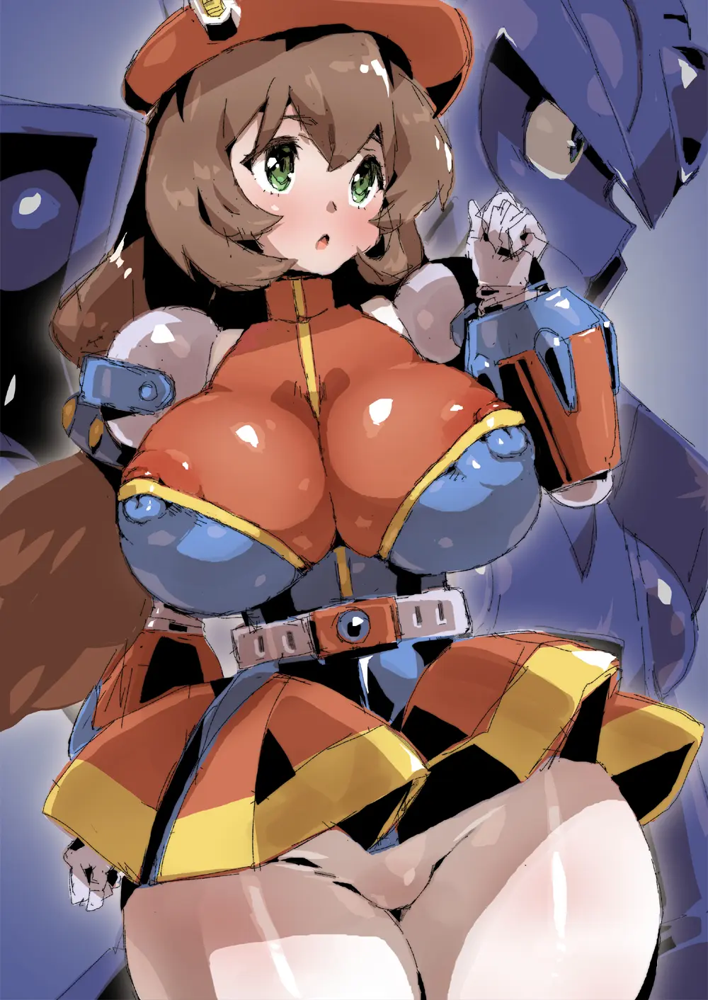Image 1girls,2023,breasts,clothed,clothing,female,highres,long_hair,open_mouth,standing,very_long_hair,1boy,gloves,male,thighhighs,tongue,female_focus,hat,thick_thighs,wide_hips,huge_breasts,green_eyes,dress,brown_hair,tight_clothing,white_gloves,belt,nipple_bulge,low-tied_long_hair,armor,skin_tight,android,mega_man,mega_man_x,military_hat,petitdry,iris_(mega_man),zero_(mega_man)