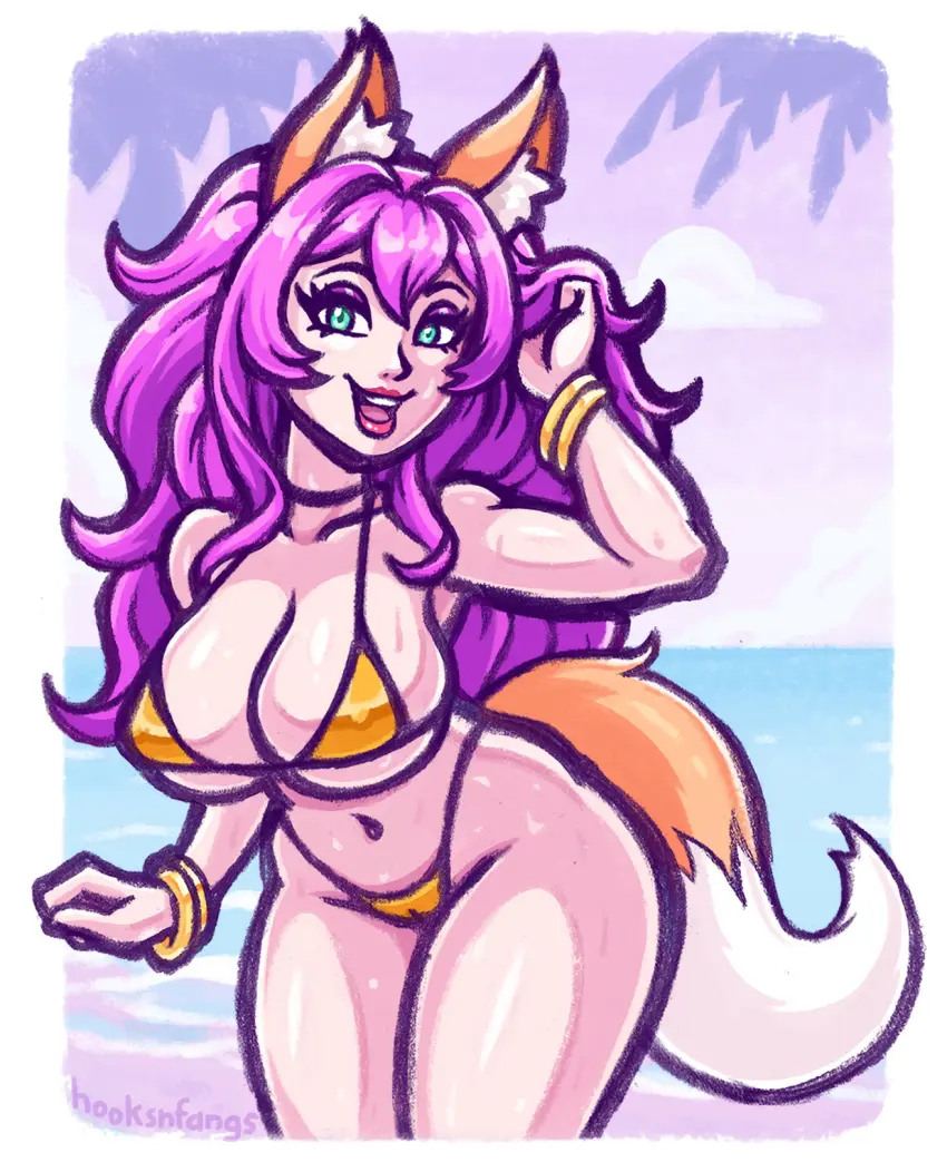 Image 1girls,big_breasts,breasts,female,solo,bikini,beach,solo_female,huge_breasts,tagme,green_eyes,thick,purple_hair,fox_ears,fox_girl,fox_tail,2024,fox,hooksnfangs