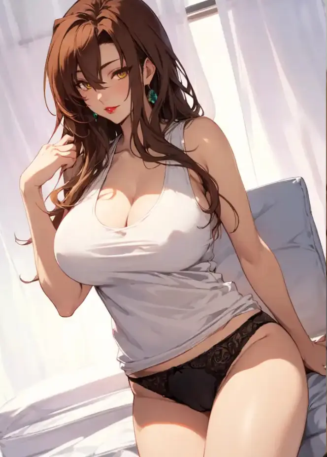 Image blush,breasts,female,long_hair,pussy,earrings,seductive_look,seductive_smile,ai_generated,cleavage,huge_breasts,brown_hair,black_panties,red_lipstick,tank_top,horny,camel_toe,high_school_dxd,playing_with_hair,pussy_visible_through_panties,breasts_covered,white_top,female_issei