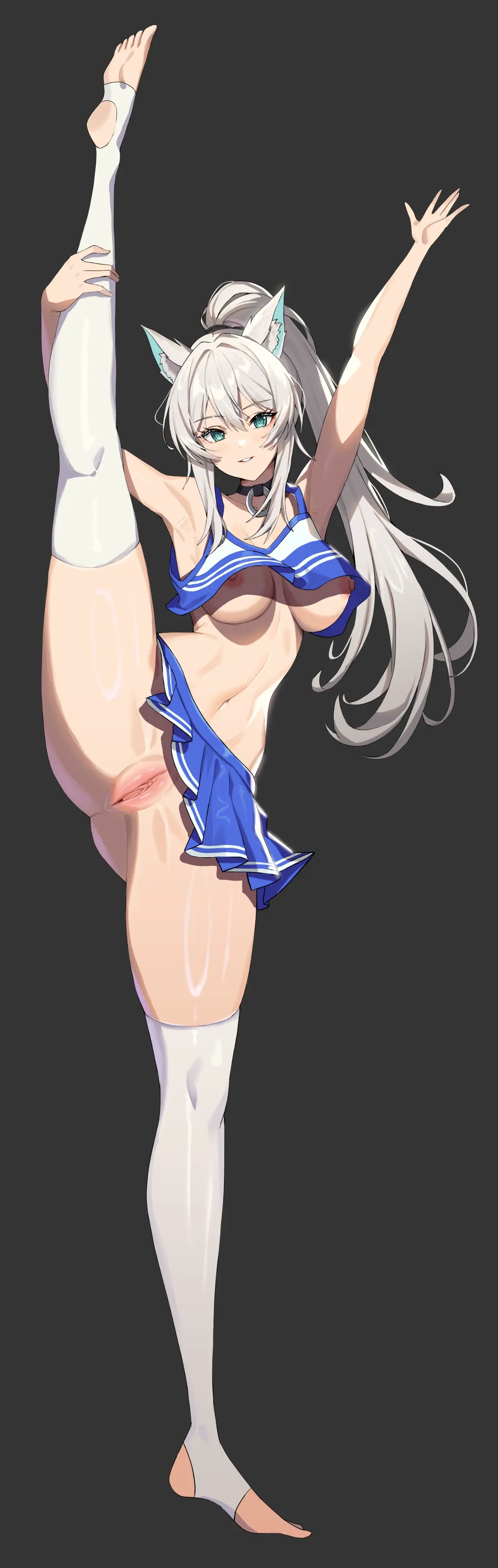 Image breasts,female,highres,large_breasts,looking_at_viewer,nipples,simple_background,smile,solo,standing,white_hair,absurdres,animal_ears,pussy,uncensored,animal_ear_fluff,cat_girl,virtual_youtuber,arms_up,black_background,vtuber,skirt,blue_skirt,full_body,commission,indie_virtual_youtuber,crop_top,split,second-party_source,cheerleader,standing_on_one_leg,commissioner_upload,standing_split,holding_own_leg,aarontsay,wangjook_(wj)