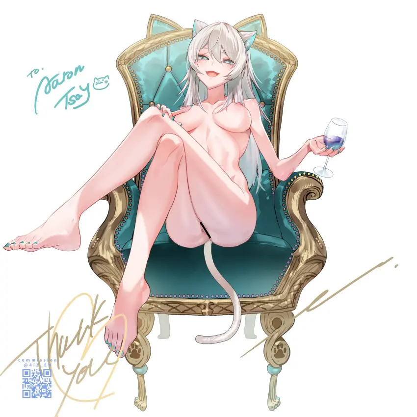 Image 1girls,breasts,female,highres,large_breasts,looking_at_viewer,simple_background,solo,white_background,white_hair,animal_ears,nude,pussy,tail,ass,barefoot,animal_ear_fluff,cat_girl,virtual_youtuber,vtuber,completely_nude,sitting,censored,cat_tail,mosaic_censoring,artist_signature,bar_censor,holding,commission,toes,indie_virtual_youtuber,chair,cup,crossed_legs,thank_you,second-party_source,censored_pussy,wine_glass,aqua_nails,drinking_glass,holding_cup,aarontsay,easy_chair,enshou_(namarien)