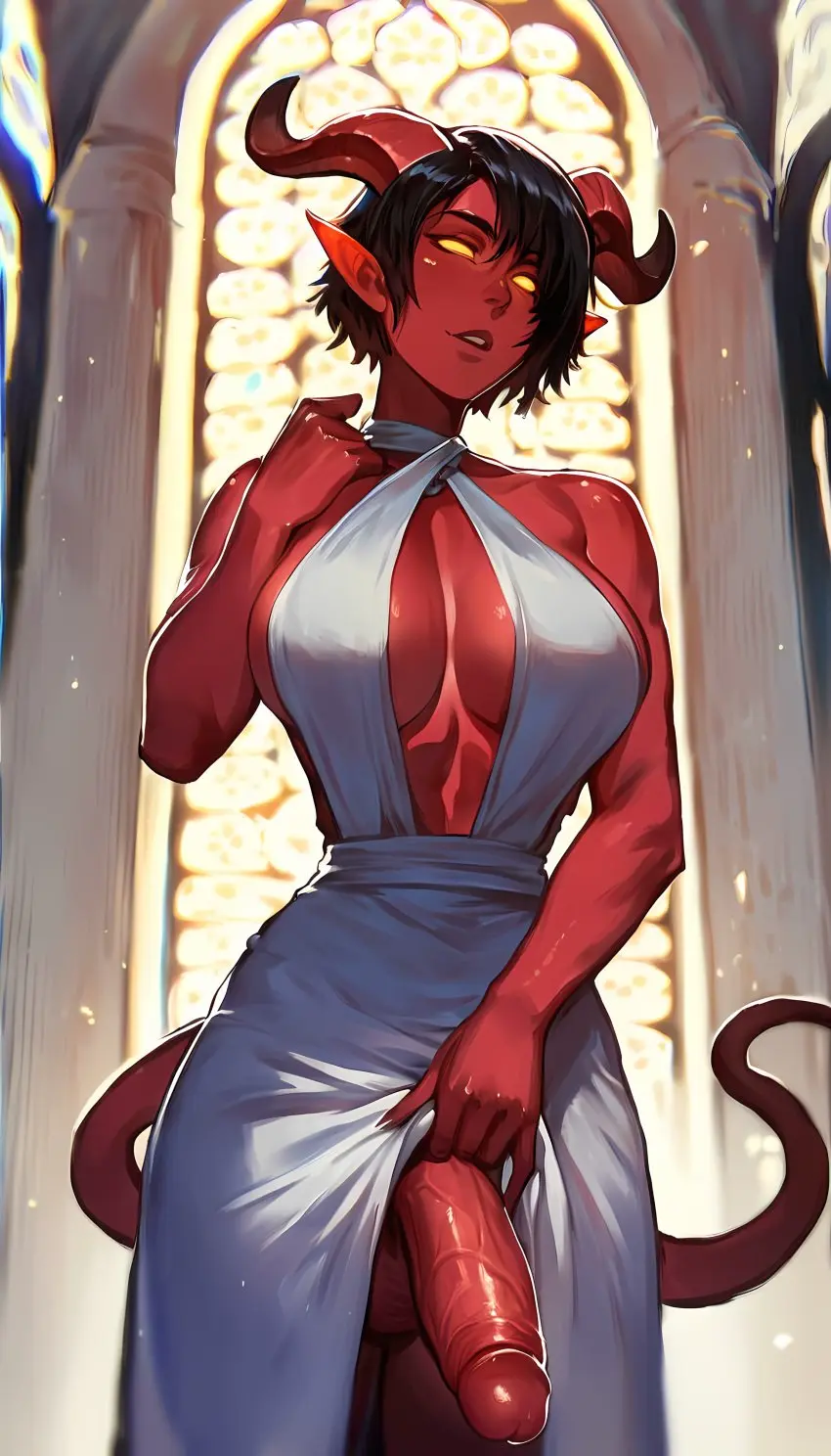 Image big_breasts,breasts,solo,penis,short_hair,demon_tail,big_penis,futanari,intersex,ai_generated,bare_shoulders,demon_horns,red_skin,skirt_lift,dungeons_and_dragons,tiefling,priestess,cathedral,tiefling_girl,caverns_&_taverns,cleric,open_cleavage,tiefling_futa