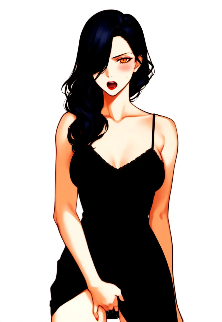 Image 1girls,blush,breasts,female,long_hair,open_mouth,black_hair,hair_over_one_eye,orange_eyes,ai_generated,medium_breasts,original_character,red_lipstick,fingering,female_masturbation,novelai,camisole,hair_over_shoulder