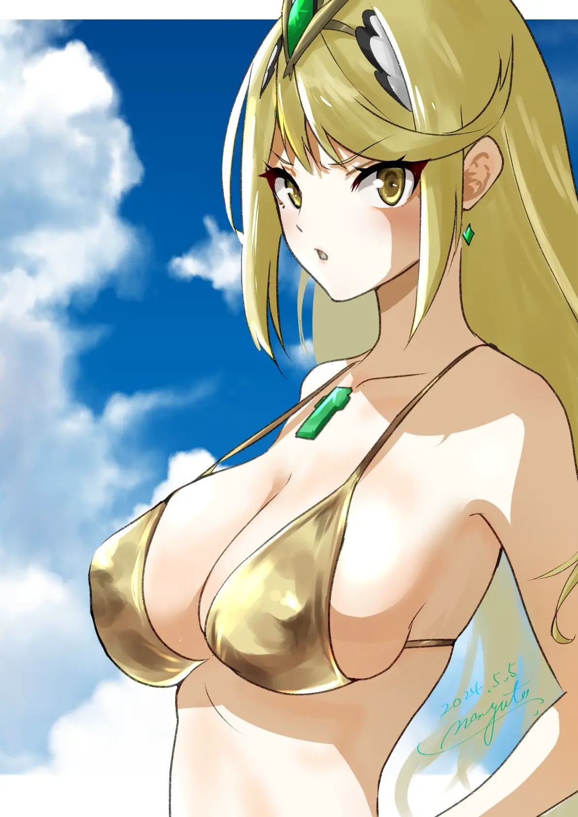 Image breasts,female,female_only,solo,blonde_hair,nintendo,core_crystal,xenoblade_(series),xenoblade_chronicles_2,mythra,gold_bikini,nayuta_knt