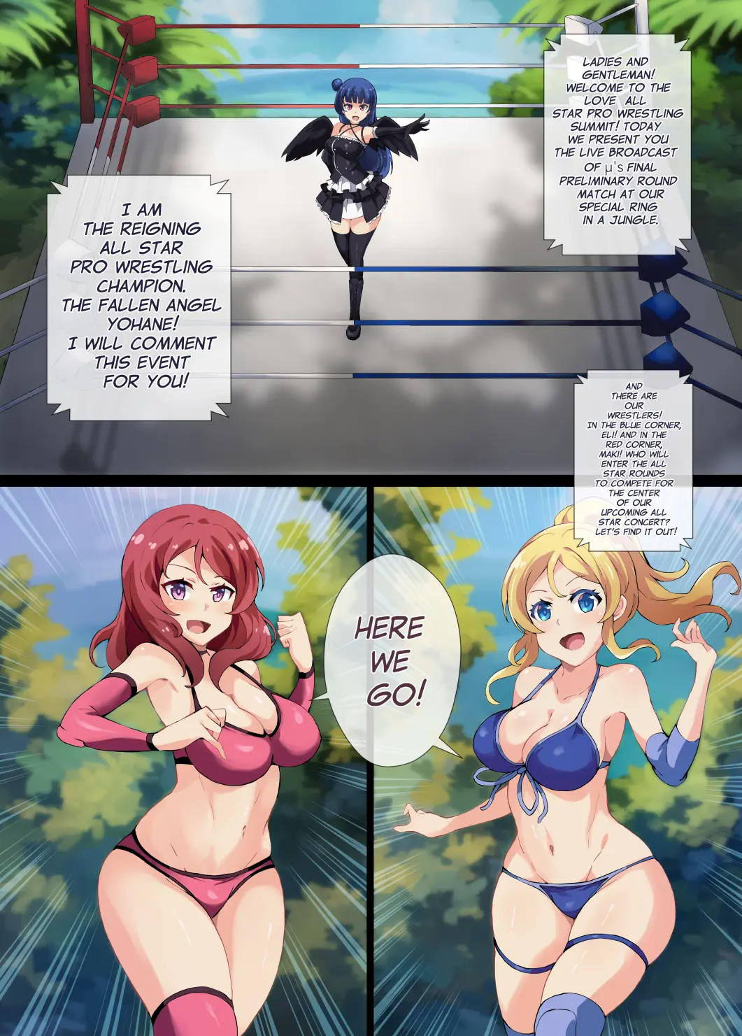 Image breasts,female,hi_res,long_hair,open_mouth,standing,blue_eyes,blue_hair,multiple_girls,navel,thighhighs,red_hair,bikini,female_focus,cleavage,midriff,wings,blonde_hair,purple_eyes,love_live!,revealing_clothes,:d,english_text,3girls,forest,boots,nature,paid_reward_available,wrestling,wrestling_outfit,doujinshi,wrestling_ring,preview,knee_pads,love_live!_school_idol_project,nishikino_maki,tsushima_yoshiko,ayase_eli,kineluchs