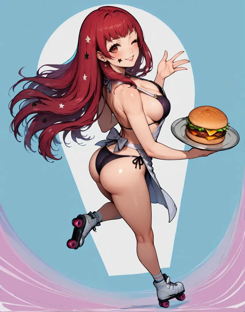 Image breasts,female,female_only,solo,ass,ai_generated,stable_diffusion,nai_diffusion,nintendo,fire_emblem,fire_emblem_engage,food,burger,yunaka_(fire_emblem),schroomy