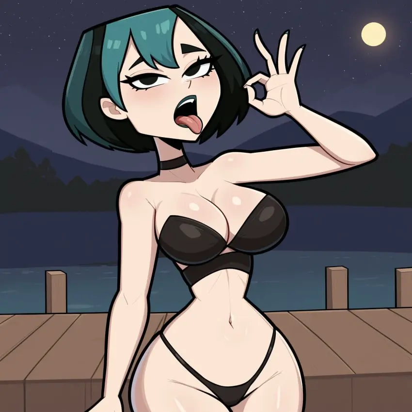 Image female,tongue_out,bikini,tongue,ai_generated,gwen_(tdi),total_drama_island,mascara,goth,goth_girl,fellatio_gesture,handjob_gesture,total_drama_(series),cats62