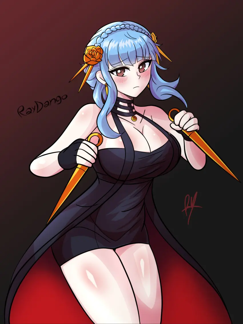 Image 1girls,breasts,brown_eyes,female,female_only,large_breasts,looking_at_viewer,solo,blue_hair,short_hair,sidelocks,cleavage,nintendo,braid,alternate_costume,fire_emblem,fire_emblem:_three_houses,weapon,cosplay,crossover,spy_x_family,yor_briar_(cosplay),marianne_von_edmund,raydango