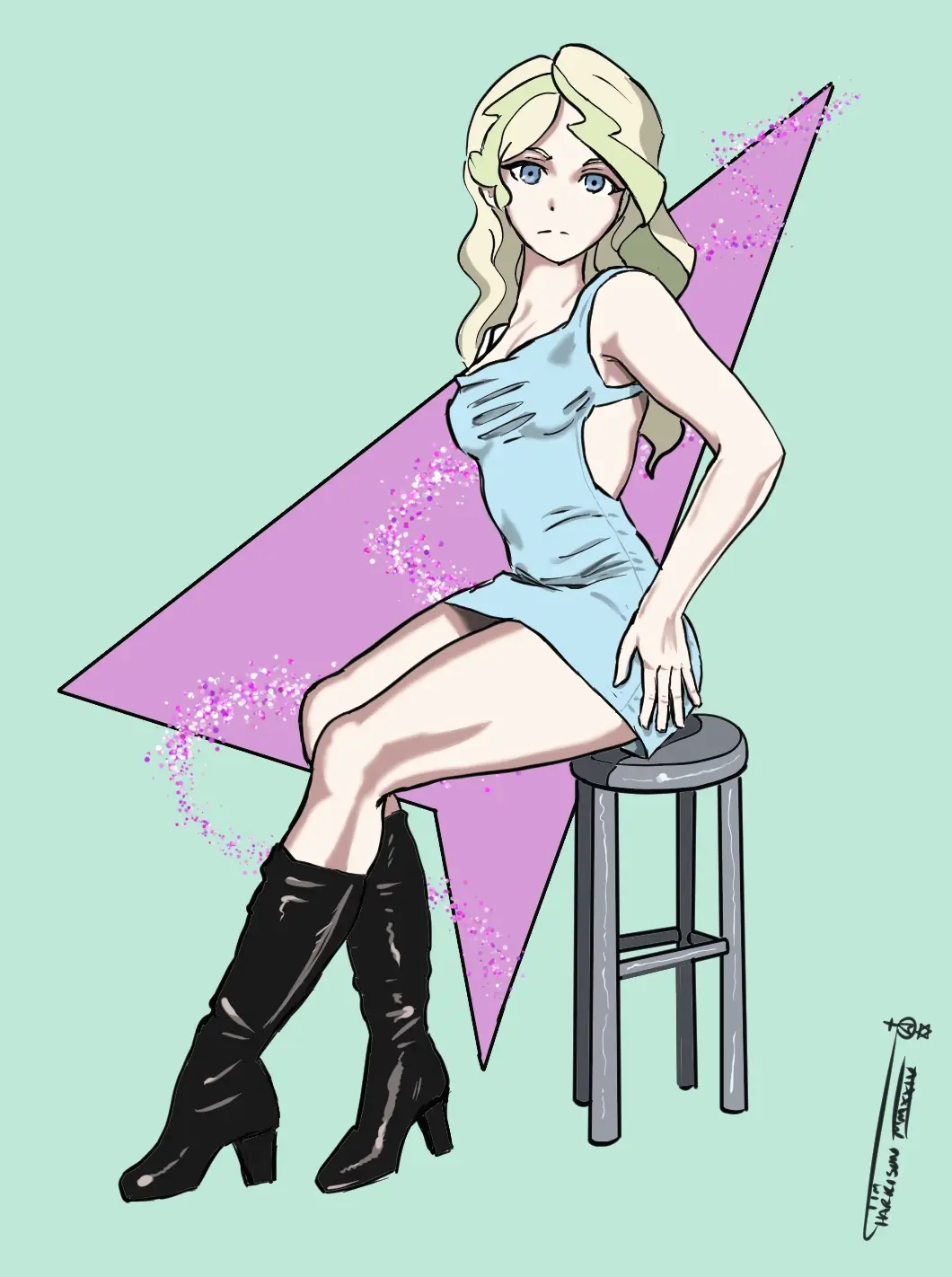 Image 1girls,female,light-skinned_female,light_skin,blue_eyes,thighs,cleavage,blonde_hair,legs,sitting,high_heels,artist_signature,short_dress,boots,blue_dress,high_heel_boots,little_witch_academia,diana_cavendish,ironsiderodger