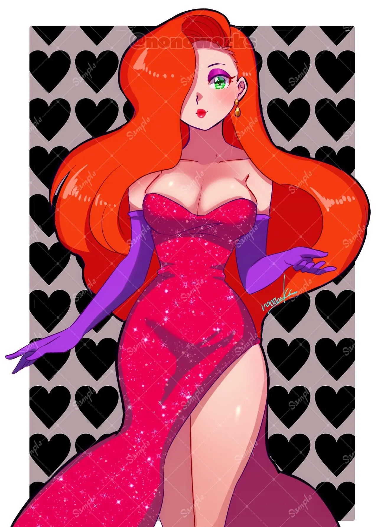 Image 1girls,big_breasts,breasts,female,light-skinned_female,light_skin,red_hair,disney,earrings,thighs,hair_over_one_eye,watermark,cleavage,green_eyes,legs,dress,busty,artist_signature,red_dress,eyeshadow,heart,jessica_rabbit,who_framed_roger_rabbit,purple_eyeshadow,sparkling_dress