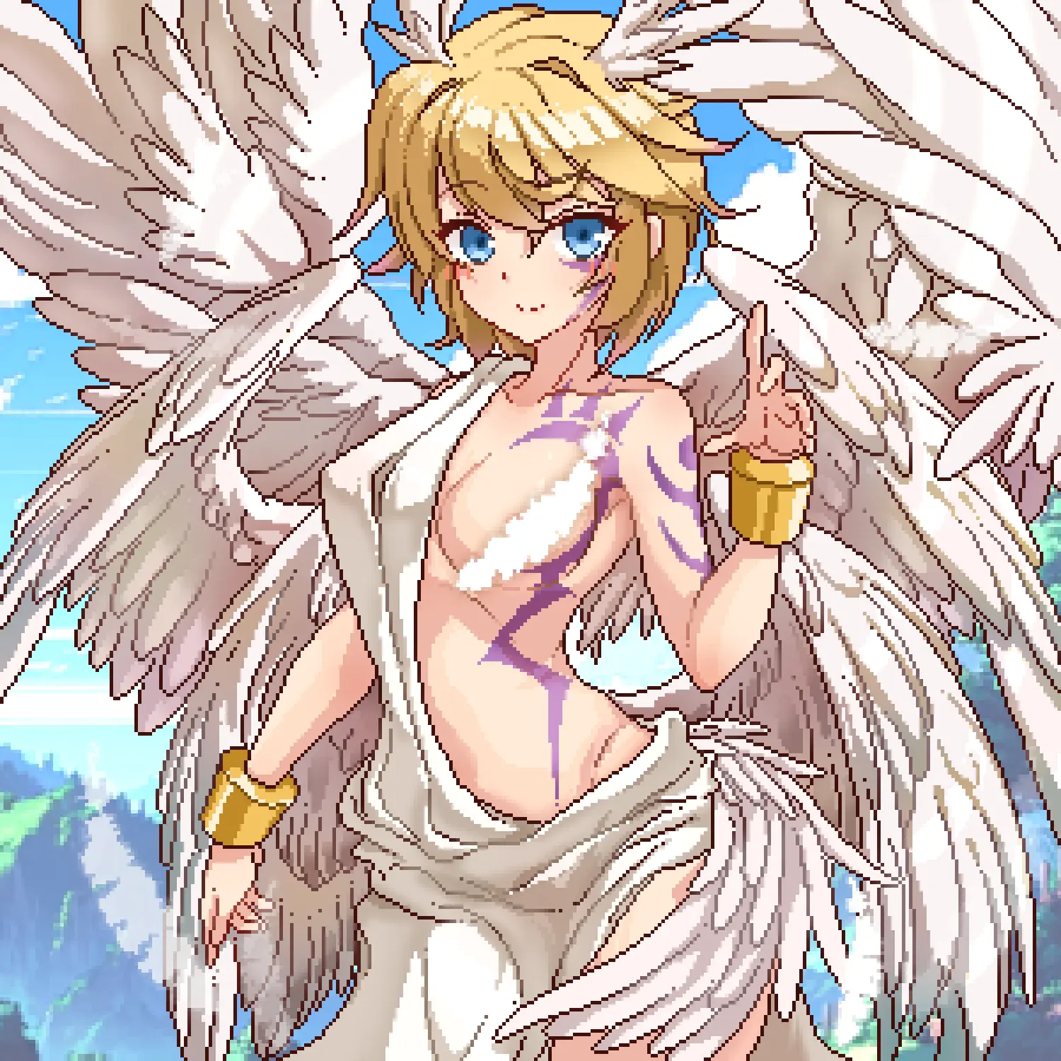 Image 1girls,2023,female,solo,blue_eyes,short_hair,convenient_censoring,solo_female,angel_wings,tagme,blonde_hair,angel,artist_request,digimon,digimon_(species),rule_63,pixel_art,censored_nipples,digimon_xros_wars,digimon_frontier,lucemon