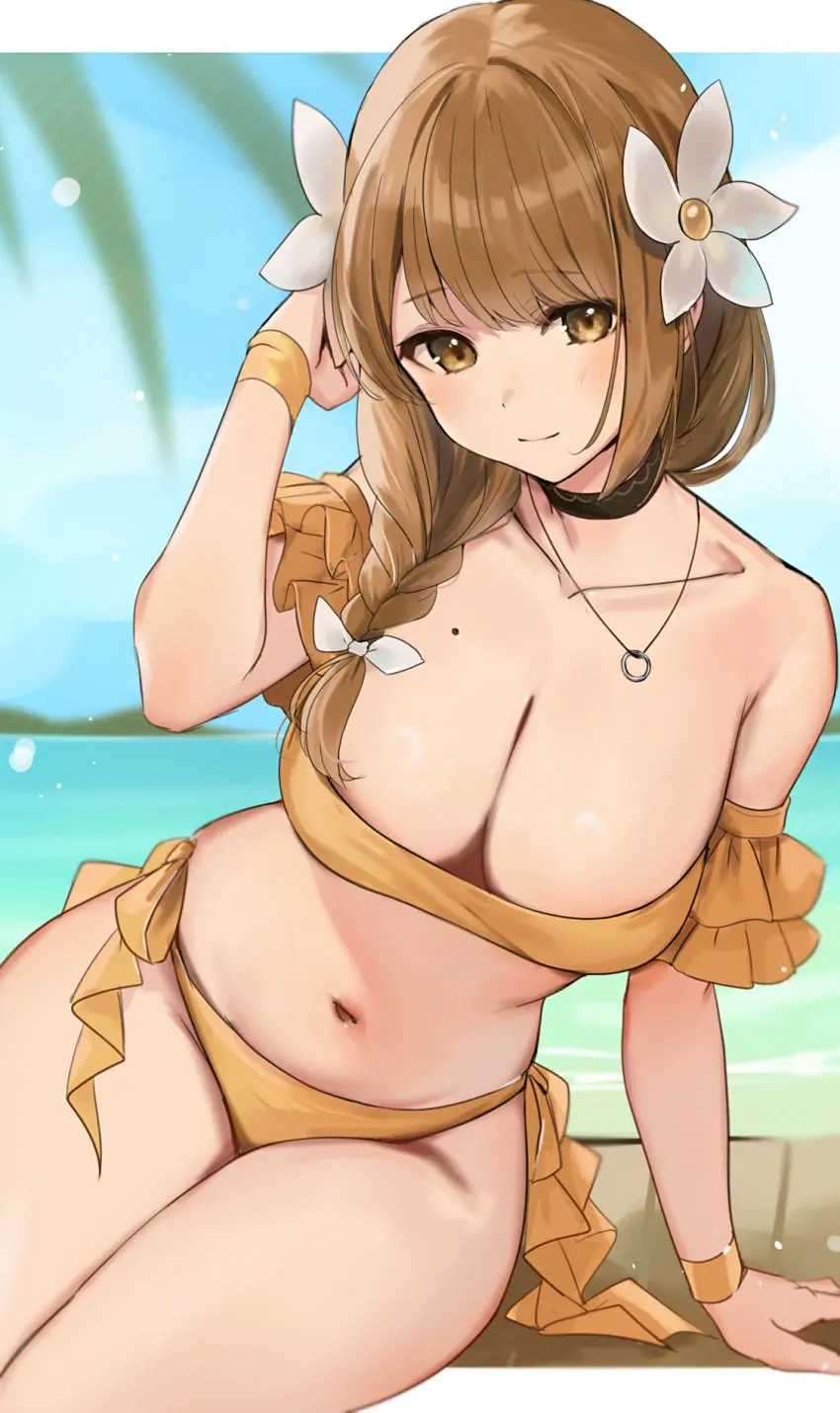 Image 1girls,breasts,brown_eyes,female,female_only,hair_ornament,highres,large_breasts,looking_at_viewer,smile,solo,navel,choker,bikini,thighs,beach,ocean,bare_shoulders,collarbone,jewelry,sitting,swimsuit,teenager,mole,mole_on_breast,teenage_girl,brown_hair,nintendo,outdoors,closed_mouth,black_choker,alternate_costume,stomach,flower,hair_flower,fire_emblem,fire_emblem_engage,bare_arms,yellow_bikini,beauty_mark,goldmary_(fire_emblem),pendant,yellow_swimsuit,haru_(nakajou-28),leaning_to_the_side