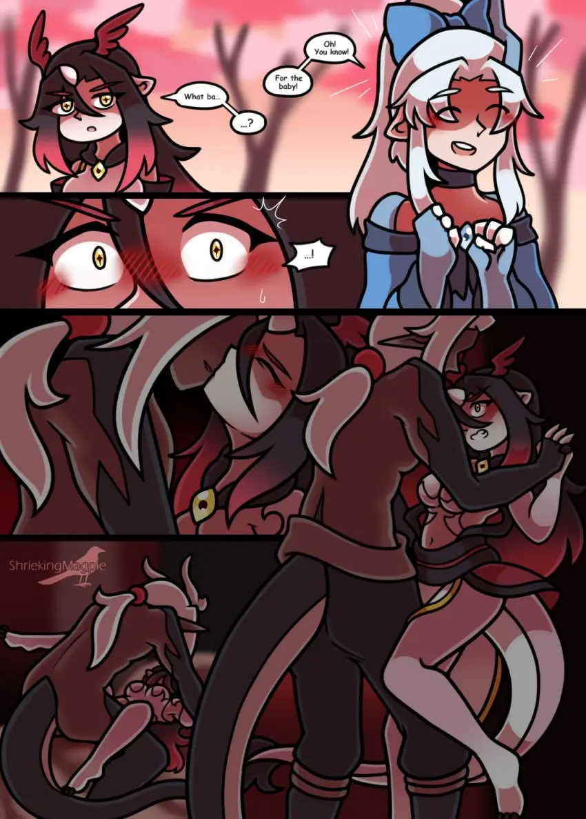 Image blush,clothed,clothing,female,hi_res,open_mouth,simple_background,white_hair,male,nude,sweat,tail,yellow_eyes,duo,humanoid,digital_media_(artwork),hair,male/female,wings,text,sweatdrop,comic,bodily_fluids,inside,claws,horn,english_text,partially_clothed,outside,blush_lines,winged_humanoid,horned_humanoid,monster_girl_(genre),head_wings,pupils,unusual_pupils,clawed_hands,head_bow,shriekingmagpie