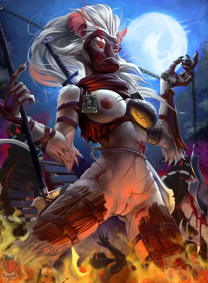 Image breasts,clothing,female,nipples,red_eyes,solo,nude,pussy,furry,humanoid,hair,anthro,blood,moon,bodily_fluids,genitals,mammal,scar,hasbro,ninja,weapon,murid,chains,fire,armor,mask,murine,rat,rodent,bottomwear,sword,zombie,melee_weapon,warrior,wizards_of_the_coast,leather,loincloth,undead,wounded,blade,chainmail,ink-eyes,kaislair,magic:_the_gathering,nezumi_(magic:_the_gathering),resurrection