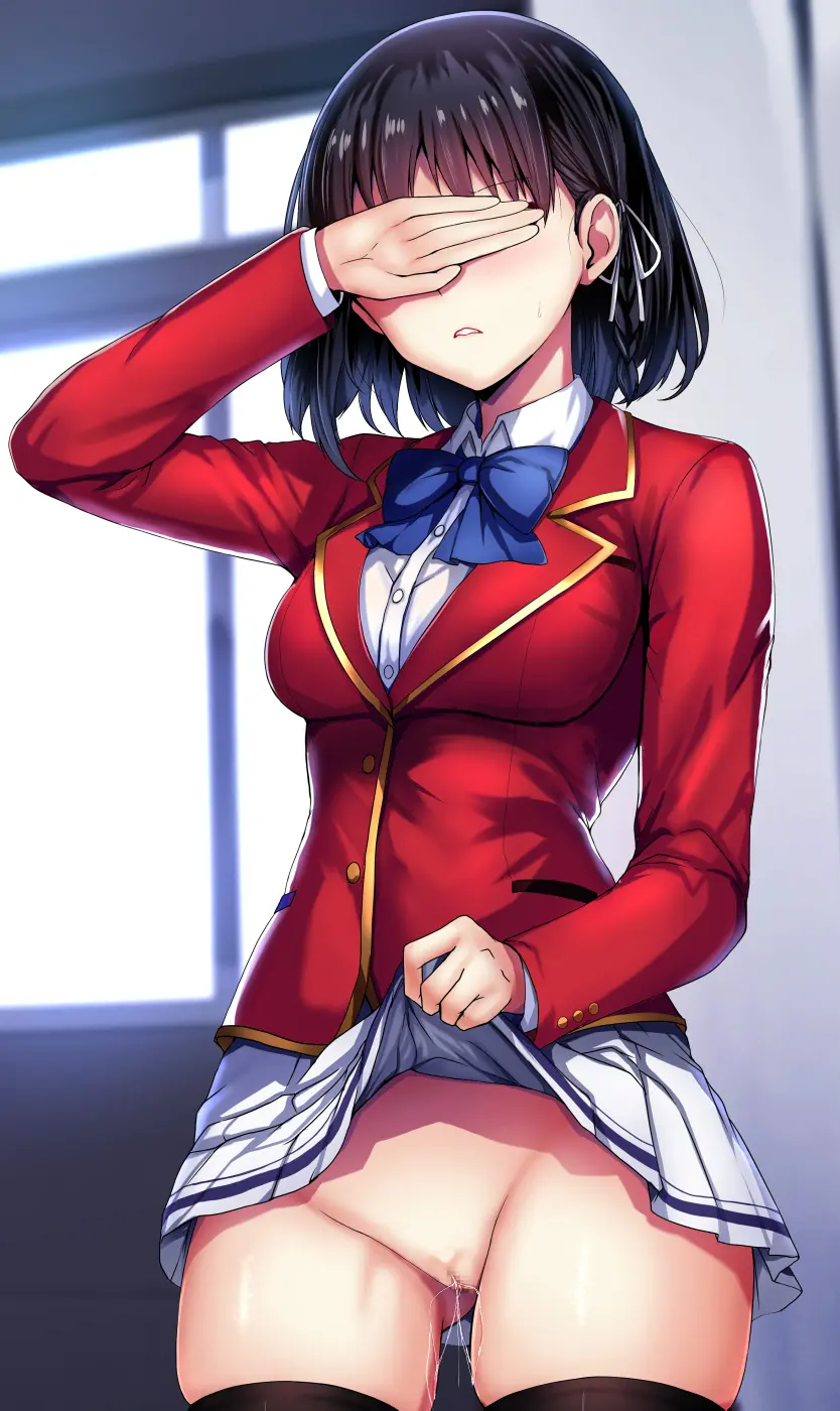 Image bow,breasts,female,highres,shirt,solo,black_hair,pussy,short_hair,thighhighs,medium_breasts,parted_lips,pussy_juice,school_uniform,censored,lifted_by_self,miniskirt,skirt,no_panties,pleated_skirt,clothes_lift,skirt_lift,bowtie,white_skirt,black_thighhighs,red_shirt,blue_bow,blue_bowtie,covering_own_eyes,classroom_of_the_elite,daiaru,advanced_nurturing_high_school_uniform,horikita_suzune,youkoso_jitsuryoku_shijou_shugi_no_kyoushitsu_e