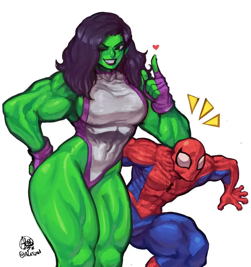 Image 1girls,big_breasts,breasts,female,white_background,1boy,black_hair,gloves,male,muscular,2d,green_skin,wink,curvy,artist_signature,tight_clothing,heart,2d_(artwork),fingerless_gloves,leotard,highleg_leotard,muscular_female,marvel,marvel_comics,superheroine,muscular_arms,muscular_thighs,spider-man,spider-man_(series),winking,green-skinned_female,superhero,hulk_(series),she-hulk,al3s