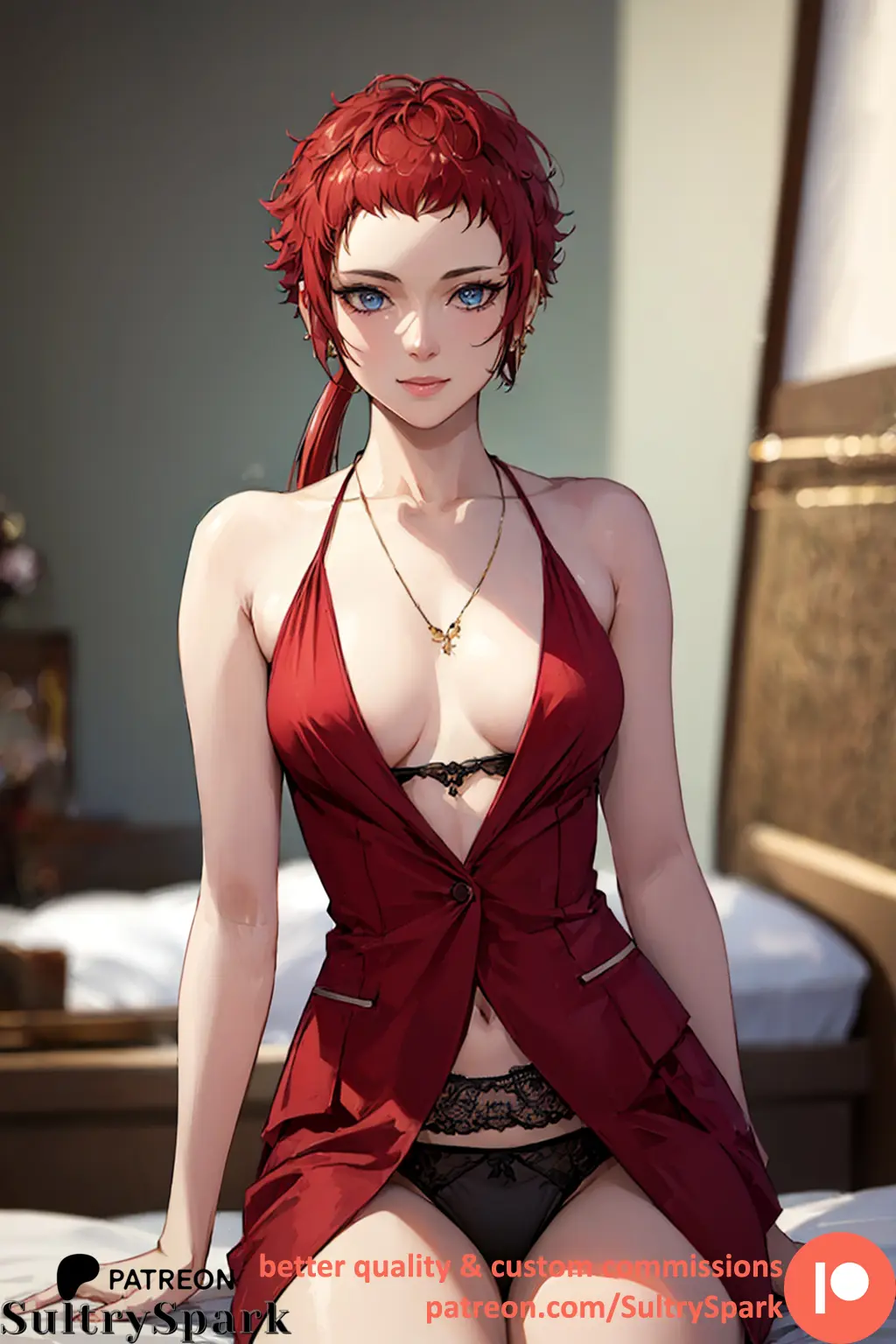 Image 1girls,breasts,female,female_only,looking_at_viewer,solo,blue_eyes,red_hair,panties,ponytail,patreon,patreon_username,ai_generated,artist_name,lingerie,indoors,commission,rule_63,sultryspark,emma_samanda,ninja_kamui