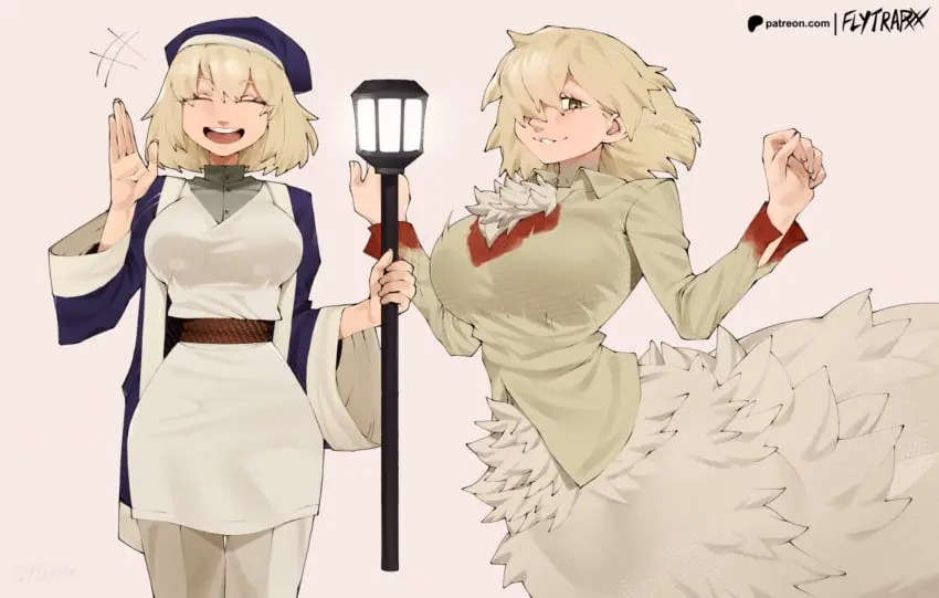 Image 1girls,big_breasts,breasts,brown_eyes,female,light-skinned_female,light_skin,hair_over_one_eye,patreon_username,artist_name,feathers,blonde_hair,busty,curvy,closed_eyes,fully_clothed,dungeon_meshi,taur,wave,falin_touden,delicious_in_dungeon,falin_touden_(chimera),chimera_falin,flytrapxx