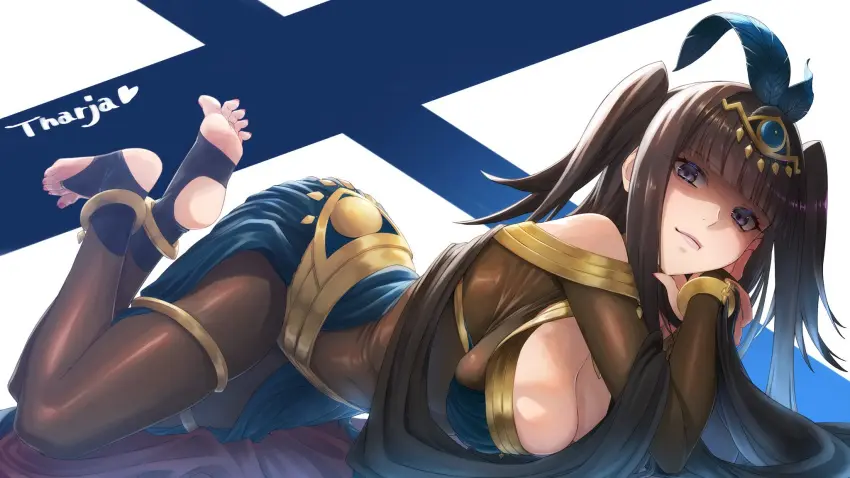 Image 1girls,breasts,female,female_only,hair_ornament,highres,long_hair,looking_at_viewer,smile,solo,black_hair,blunt_bangs,feet,bare_shoulders,cleavage,jewelry,feathers,medium_breasts,nail_polish,no_shoes,nintendo,soles,official_alternate_costume,alternate_costume,fire_emblem,fire_emblem_awakening,fire_emblem_heroes,bodysuit,bodystocking,full_body,toes,stirrup_legwear,tiara,black_bodysuit,red_nails,tharja_(fire_emblem),toeless_legwear,feather_hair_ornament,plegian,aduti_momoyama