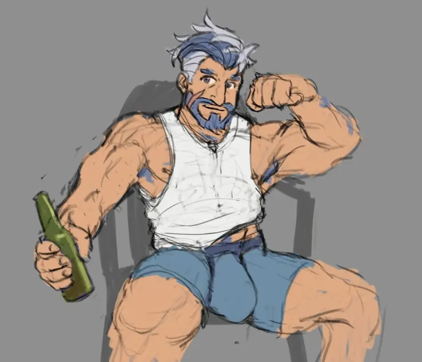 Image clothing,solo,male,penis,muscular,male_only,yaoi,balls,sitting,bara,bulge,flaccid,solo_male,beard,muscles,facial_hair,vyron_(world_flipper),world_flipper,mageshitposts