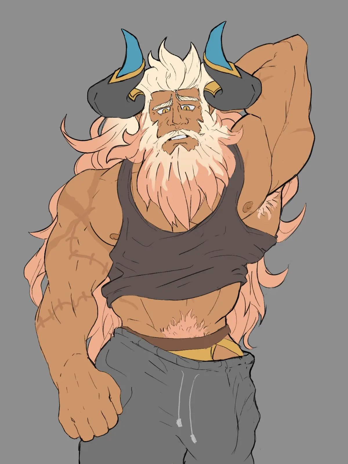 Image clothing,solo,male,penis,muscular,horns,male_only,yaoi,balls,bara,bulge,flaccid,solo_male,scars,tank_top,big_bulge,beard,muscles,facial_hair,armpit_hair,hand_behind_head,jockstrap,sweatpants,dragalia_lost,mageshitposts,gauld