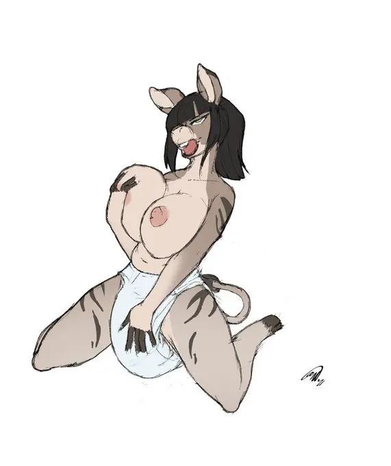 Image breasts,female,black_hair,tail,furry,anthro,hooves,hand_on_breast,diaper,donkey,hand_on_diaper,gennhauhnarts