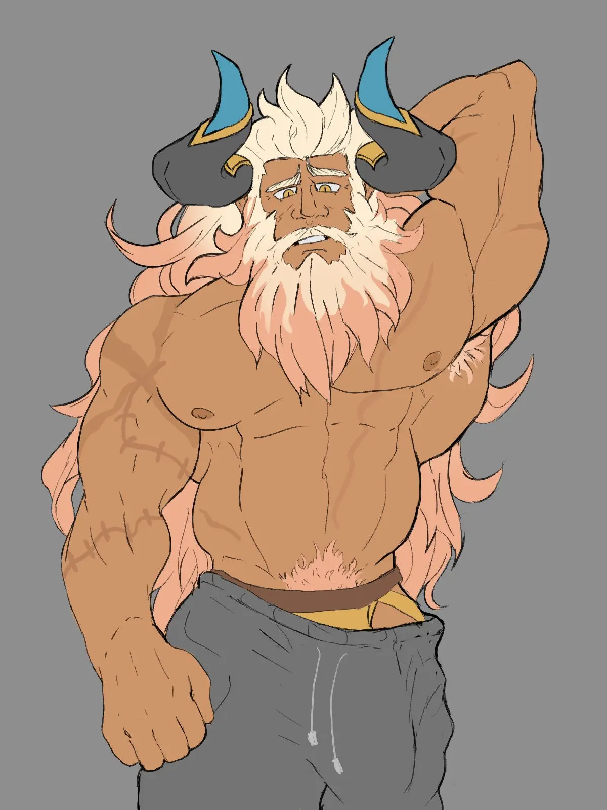 Image clothing,solo,male,penis,muscular,horns,male_only,yaoi,balls,bara,bulge,flaccid,solo_male,scars,big_bulge,beard,muscles,facial_hair,armpit_hair,shirtless,hand_behind_head,jockstrap,sweatpants,dragalia_lost,mageshitposts,gauld