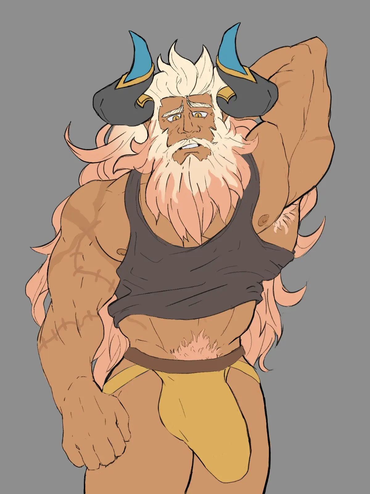 Image clothing,solo,male,penis,muscular,horns,male_only,yaoi,balls,bara,bulge,flaccid,solo_male,scars,big_bulge,beard,muscles,facial_hair,armpit_hair,pantsless,hand_behind_head,jockstrap,tanktop,dragalia_lost,mageshitposts,gauld