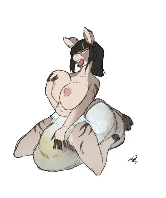 Image breasts,female,black_hair,tail,furry,anthro,hooves,hand_on_breast,diaper,messy_diaper,donkey,hand_on_diaper,gennhauhnarts,hypermess