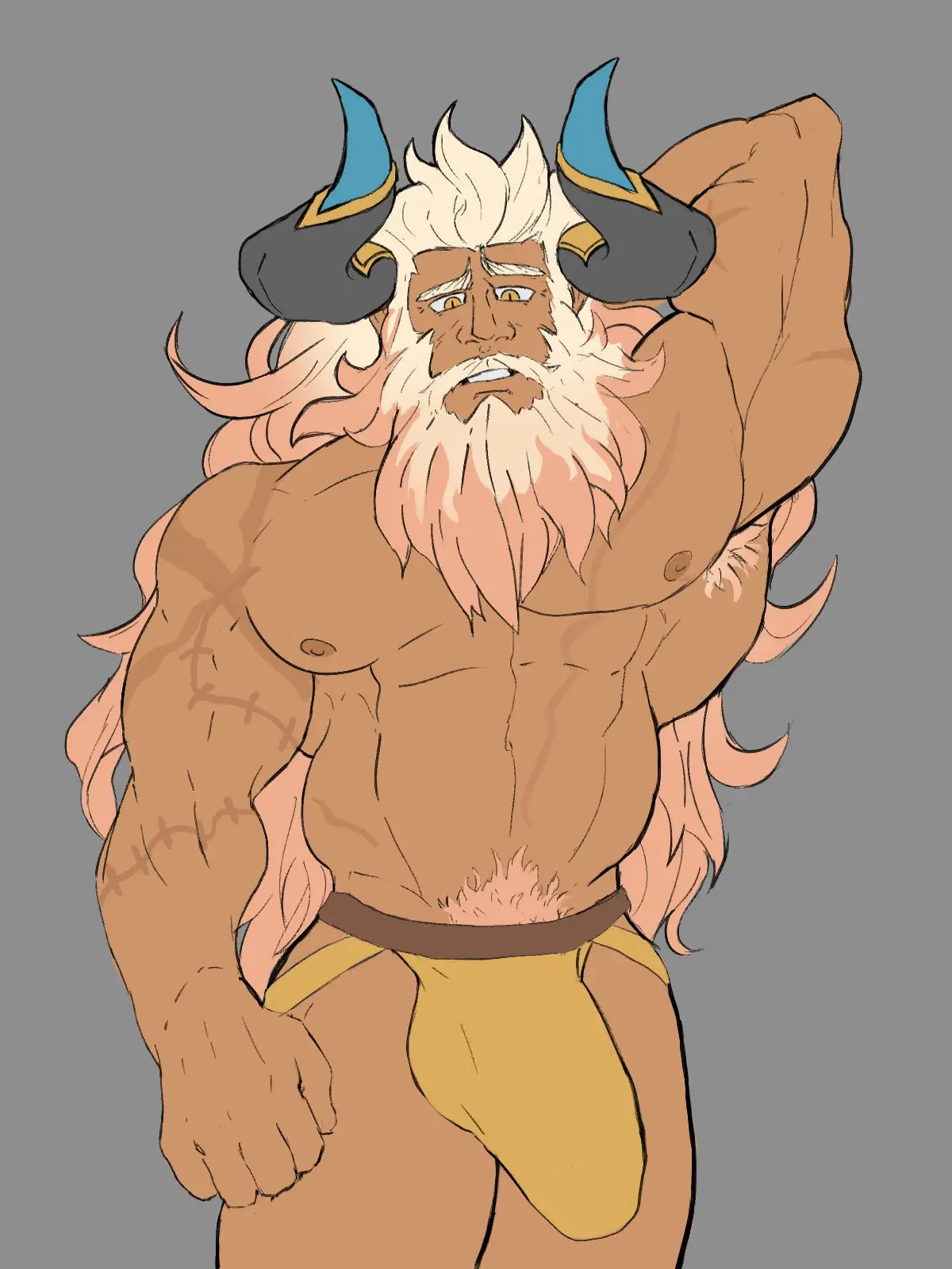 Image clothing,solo,male,penis,muscular,horns,male_only,yaoi,balls,bara,bulge,flaccid,solo_male,scars,big_bulge,beard,muscles,facial_hair,armpit_hair,hand_behind_head,jockstrap,jockstrap_only,dragalia_lost,mageshitposts,gauld