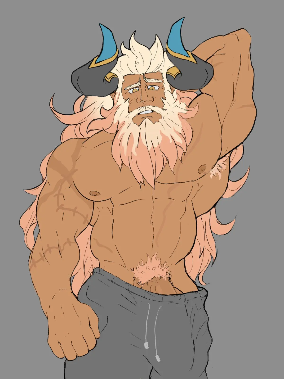 Image clothing,solo,male,penis,muscular,horns,male_only,yaoi,balls,bara,bulge,flaccid,solo_male,scars,big_bulge,beard,muscles,facial_hair,armpit_hair,shirtless,hand_behind_head,going_commando,sweatpants,dragalia_lost,mageshitposts,gauld