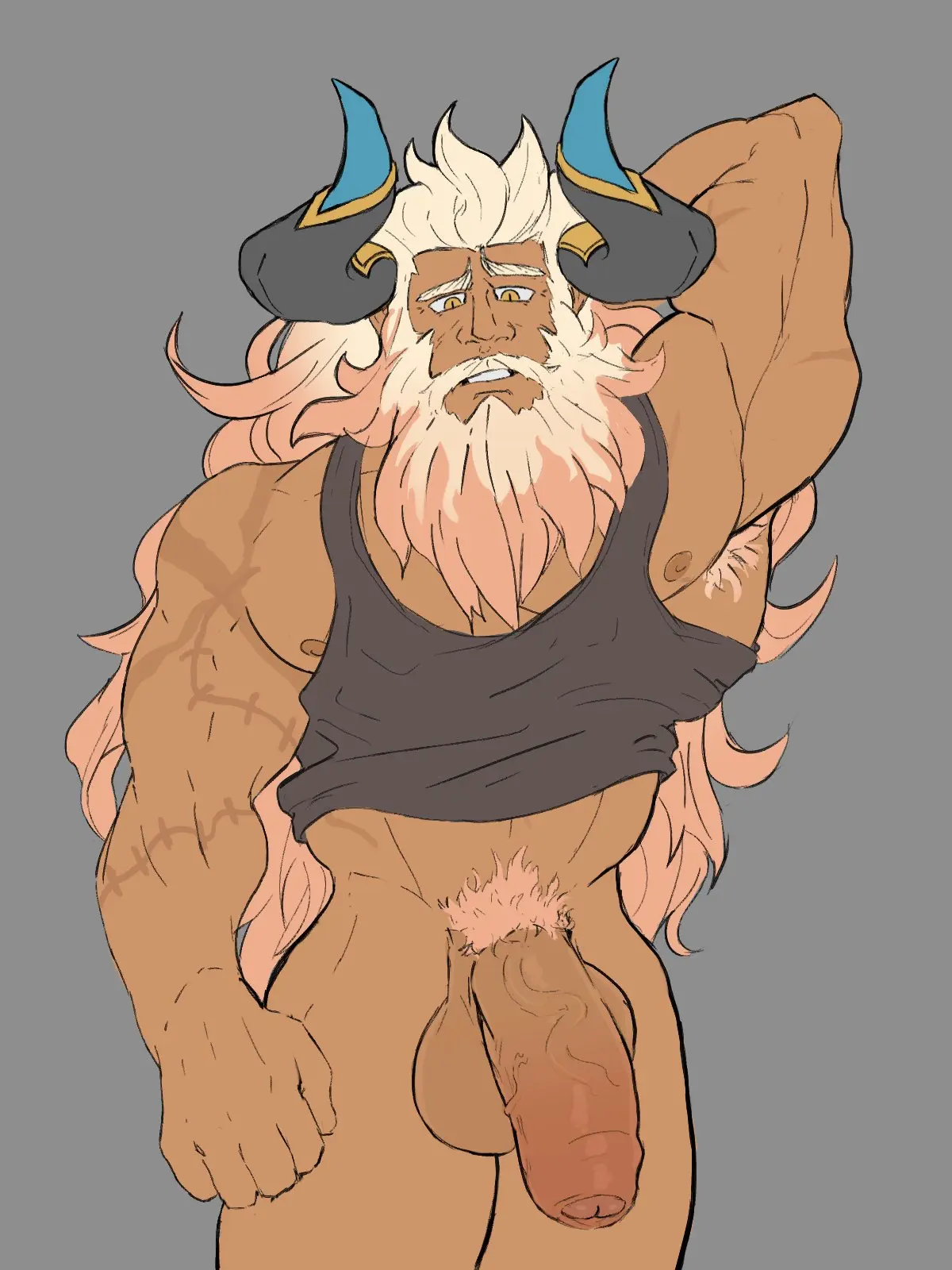 Image clothing,solo,male,penis,big_penis,muscular,horns,male_only,yaoi,balls,bara,big_balls,flaccid,bottomless,solo_male,scars,tank_top,beard,muscles,facial_hair,armpit_hair,pantsless,hand_behind_head,dragalia_lost,mageshitposts,gauld