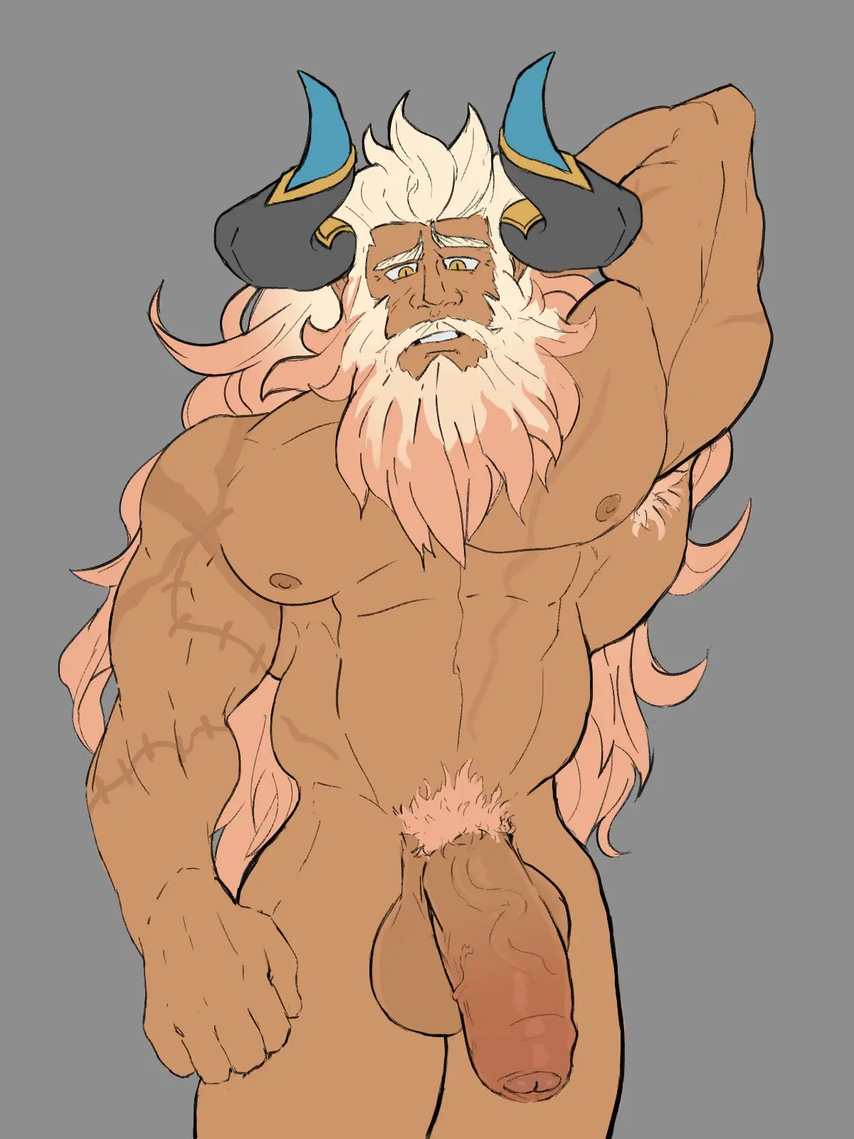 Image solo,male,nude,penis,big_penis,muscular,horns,male_only,yaoi,balls,bara,big_balls,flaccid,solo_male,scars,beard,muscles,facial_hair,armpit_hair,hand_behind_head,dragalia_lost,mageshitposts,gauld